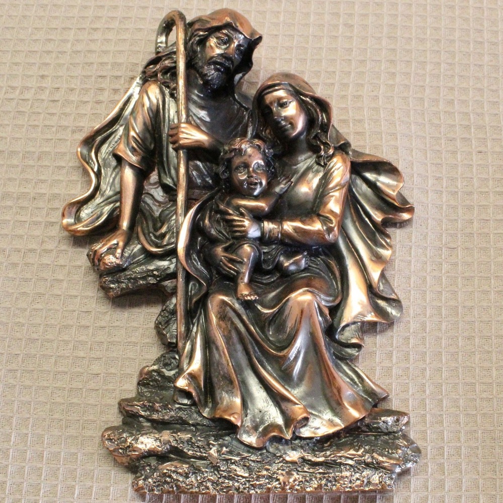 Holy Family Wall Plaque Bronze Finish Religious Nativity Art Sculpture 7.25"